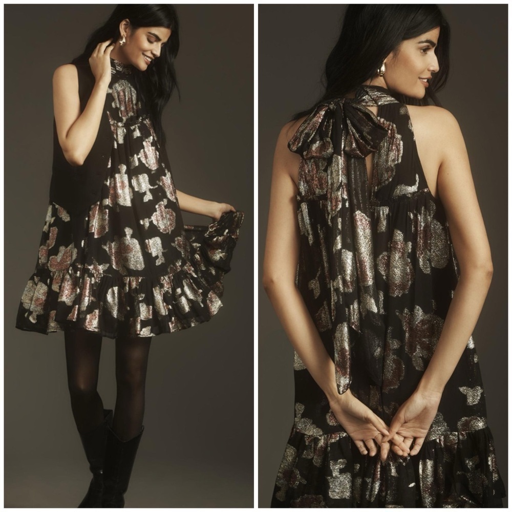 Maeve Anthropologie Halter Shine Swing Mini Dress in Black Size 1X NWT